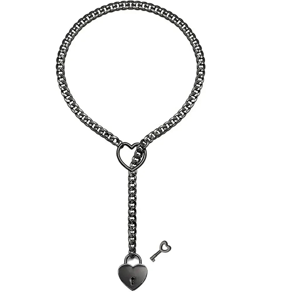 Adjustable Heart O-Ring Punk Rock Cuban Chain Necklace – Lariat Y-Style Necklace with Key & Heart Lock Pendant